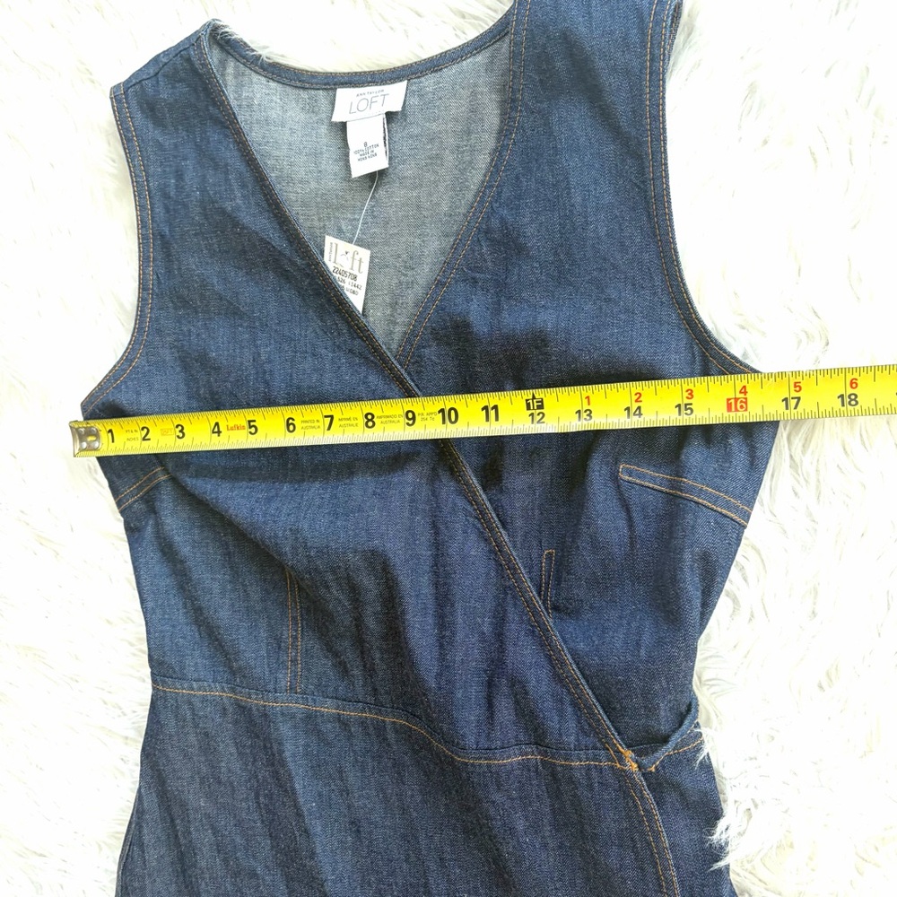 LOFT Dark Blue Denim Sleeveless V neck Wrap Midi Dress Size 8 NWT - Picture 4 of 9